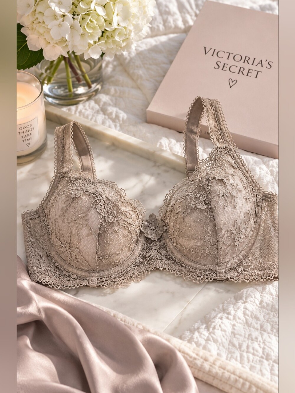 Victoria's Secret lined demi pewter lace bra 34D new with tags